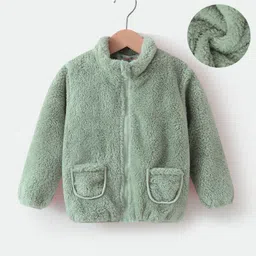 Kookie Kids Full Sleeves Front Open High Neck Fur Winter Jacket With Pockets Detailing - Green-picture-22