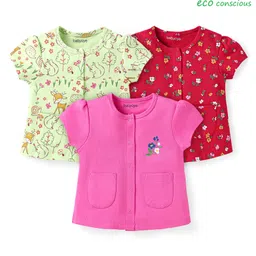 Babyoye 100% Cotton Knit Half Sleeves Eco Jiva Finish Jhablas with Floral & Jungle Theme Print Pack of 3 - Red Light Green & Pink-picture-26