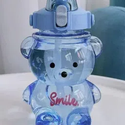 New Pinch Teddy Bear Water Bottle With Soft Silicone Straw - 1000 ml Plastic Leak Proof, Push Button Opening, Strap for Carrying (Transparent)Blue-image-12
