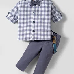 Child World Textile Woven Full Sleeves Shirt & Trouser Set with Check Suspender & Bow - Blue-picture-16