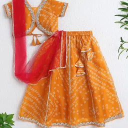 The Magic Wand Cotton Woven Half Sleeves Bandhani Printed & Gota Lace Embellished Lehenga Choli With Dupatta Set - Mustard-picture-20