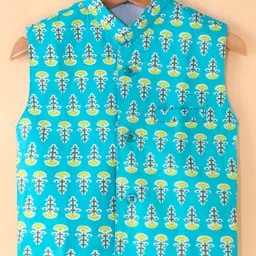 Teentaare Cotton Full Sleeves Kurta Pyjama Set with Jacket Floral & Leaf Print - Multicolour image 2