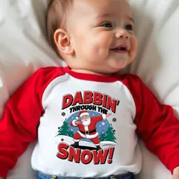 KNITROOT Cotton Knit Christmas Theme Full Raglan Sleeves Dabbin Through The Snow Text Printed Tee - Red & White image 4