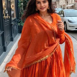 GoSriKi Round Neck Pleated Anarkali Kurta With Trousers & Dupatta image 2