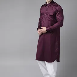 See Designs Men Aubergine & White Pure Cotton Solid Pathani Kurta with Salwar image 4