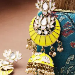 Priyaasi Floral Yellow & White Chand Bali Earrings-image-79