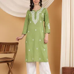 Poshak Chikan Studio Women Ethnic Motifs Embroidered Round Neck Chikankari Pastels Kurta-picture-27