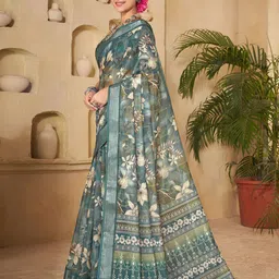 Garden Vareli Floral Block Printed Pure Linen Saree With Unstiched Blouse Piece image 5