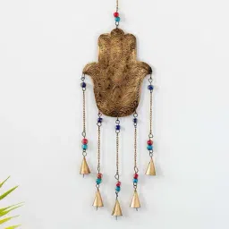 ExclusiveLane Golden Iron Hamsa Hand Kutch Decorative Hanging Wind Chime-image-0