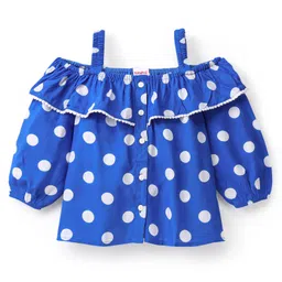 Babyhug 100% Rayon Cold Shoulder Sleeves Front Open Top With Frill Detailing Polka Dot Print- Blue-image-10