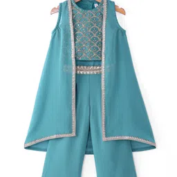 Babyhug Georgette Woven Sleeveless Sequinned Floral Embroidered Top & Palazzo Set with Lace DetailedShrug -Teal Blue-picture-24
