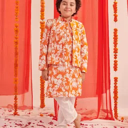 Pspeaches Full Sleeves Floral Printed Coordinating Kurta With Pyjama & Jacket - Orange-picture-13