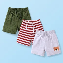 Babyhug Cotton Knit Mid Thigh Shorts with Bear Print & Stripes Pack of 3 - Green Maroon & Grey-picture-23