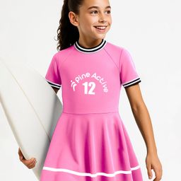 Pine Active Half Sleeves Frock Swimsuit With Logo Print - Pink-picture-18