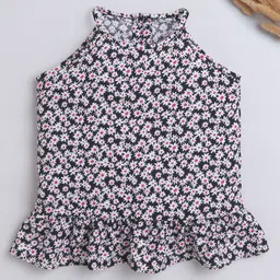 The Magic Wand Rayon Sleeveless Floral Printed & Frill Detailed Top - Black-picture-12