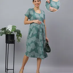 Mamma's Maternity Cotton Woven Half Sleeves Abstract Printed Maternity Night Dress With Side Concealed Zipper Nursing Access - Teal Blue-picture-22
