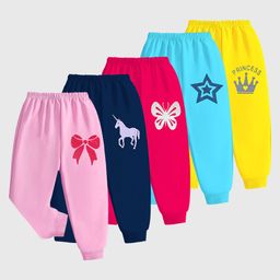 KUCHIPOO Cotton Blend Knit Pack Of 5 Butterfly & Unicorn Printed Track Pants - Pink Blue Magenta & Yellow-picture-15
