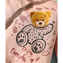 Child World Interlock Knit Full Sleeves Footed Sleep Suit with Bear Print - Peach image 3