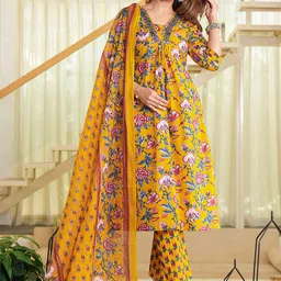 WILL BOTTOM Women Floral Printed Cotton A-Line Kurta with Trousers & Dupatta image 4
