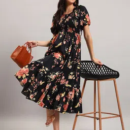 Femvy Floral Print Puff Sleeve Crepe Fit & Flare Midi Dress-image-12