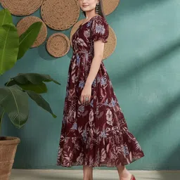 Anouk Floral Print Puff Sleeve Georgette Fit & Flare Midi Dress image 2