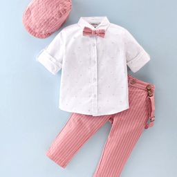 ToffyHouse 100% Cotton Woven Full Sleeves Printed Shirt and Trousers Set with Bow Suspender & Cap- Onion-picture-6