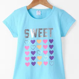 smarty girls Smarty Cotton Lycra Knit Half Sleeves T-Shirt Heart Print - Aqua Blue-picture-17