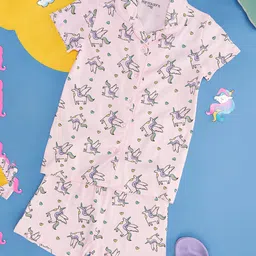 Pantaloons Junior Cotton Knit Half Sleeves Unicorn Printed Coordinating Night Suit - Crystal Pink-picture-28