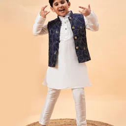 Vastramay Silk Full Sleeves Solid Kurta & Pyjama With Floral Embroidered & Sequins Embellished Nehru Jacket Set - Navy Blue & White-picture-38