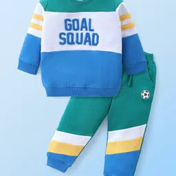 Babyhug Terry Knit Full Sleeves T-Shirt & Lounge Pant Set With Cut & Sew Design & Text Embroidery - White Blue & Green-picture-15