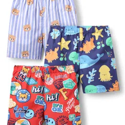 Babyhug Cotton Woven Above Knee Length Boxers with Animal Print Pack of 3 - Navy Blue Light Blue & Red image 1