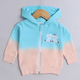 BUMZEE Looper Knit Full Sleeves Baby Elephant Printed Hooded Sweatjacket - Blue & Peach-image-74