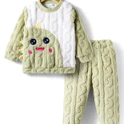 Mark & Mia Full Sleeves Winter Wear Night Suit with Dino Print & Applique - Light Green & White-picture-23