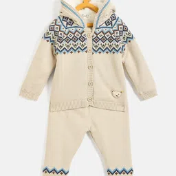 JWAAQ Cotton Knit Full Sleeves Abstract Designed & Fur Detailed Coordinating Hooded Sweater With Joggers Set - Oatmeal-picture-16