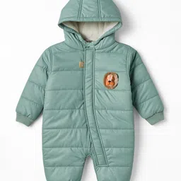 little kangaroos ToffyHouse Woven Full Sleeves Winter Wear Hooded Romper With Animal Applique - Turquoise-picture-11