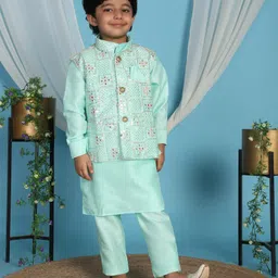 P-MARK Silk Woven Full Sleeves Solid Kurta Pant With Mirror Work & Sequins Embellished Jacket - Green-picture-16