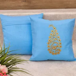 RoyalDeco Blue & Gold-Toned Set of 2 Embroidered Square Cushion Covers image 5