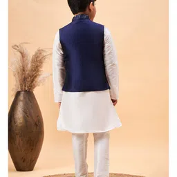Vastramay Silk Full Sleeves Solid Kurta & Pyjama With Floral Embroidered & Sequins Embellished Nehru Jacket Set - Navy Blue & White image 3
