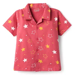 Babyhug Cotton Knit Front Open Half Sleeves Co- Ord Shorts Night Suit with Star Print - Red image 2