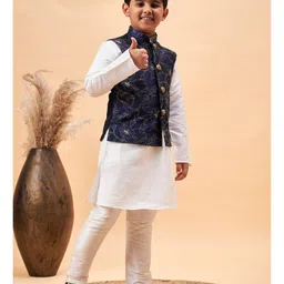 Vastramay Silk Full Sleeves Solid Kurta & Pyjama With Floral Embroidered & Sequins Embellished Nehru Jacket Set - Navy Blue & White image 4