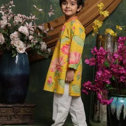Saka Designs By Sapna Cotton Woven Full Sleeves Floral Printed Kurta Pyjama Set - Yellow image 4