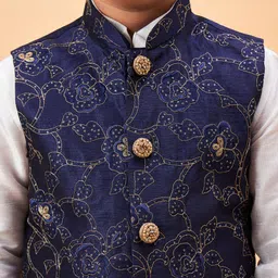 Vastramay Silk Full Sleeves Solid Kurta & Pyjama With Floral Embroidered & Sequins Embellished Nehru Jacket Set - Navy Blue & White image 5