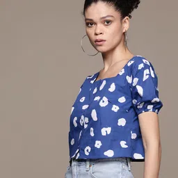 Roadster Print Puff Sleeves Cotton Blouson Crop Top image 4
