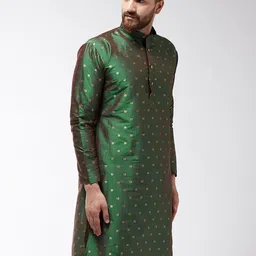 SOJANYA Men Green Woven Design Straight Kurta image 2