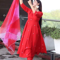 GoSriKi Floral Embroidered V-Neck Anarkali Kurta with Trousers & Dupatta image 5