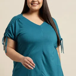 Sztori Plus Size Teal Blue Solid Extended Sleeves Top-picture-13