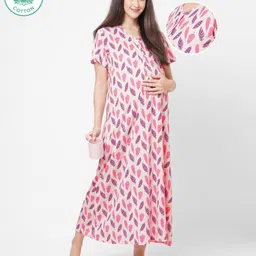 ECOMAMA Organic Cotton & Bamboo Antimicrobial Cap Sleeves Maternity Nighty Leafy Print - Pink-picture-13
