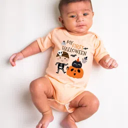 KNITROOT Halloween Theme Half Sleeves My First Halloween Text Printed Onesie -Peach-picture-12