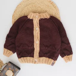 Woonie Hand knitted Full SleevesSelf Design Front Open Cardigan -Dark Brown-picture-12