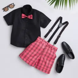 Jeet Ethnics Half Sleeves Solid Shirt With Checked Shorts Bow & Suspender Set - Red-picture-11